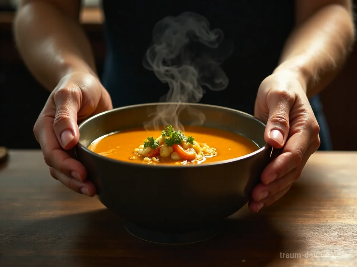 Hände servieren eine dampfende Schüssel Suppe am Tisch