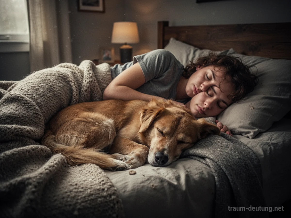 Ein Hund schläft ruhig neben einem Menschen im Bett.
