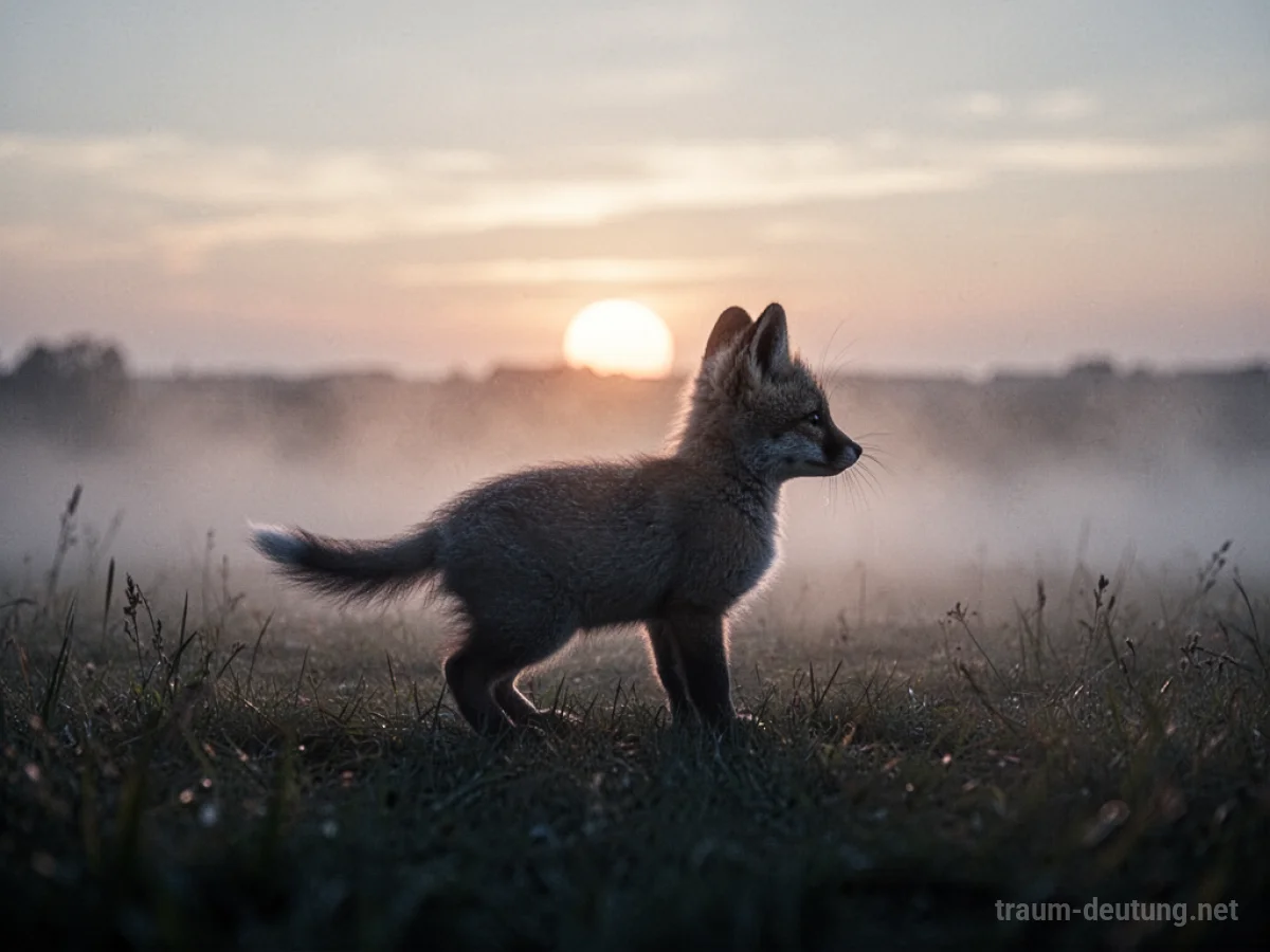 Silhouetten eines kleinen Tieres, das im Morgennebel verschwindet.
