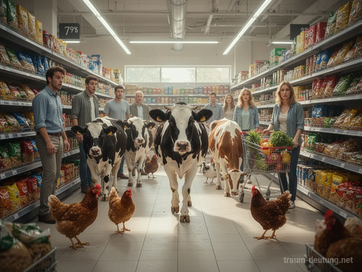 Bauernhoftiere spazieren friedlich durch die Gänge eines Supermarkts.