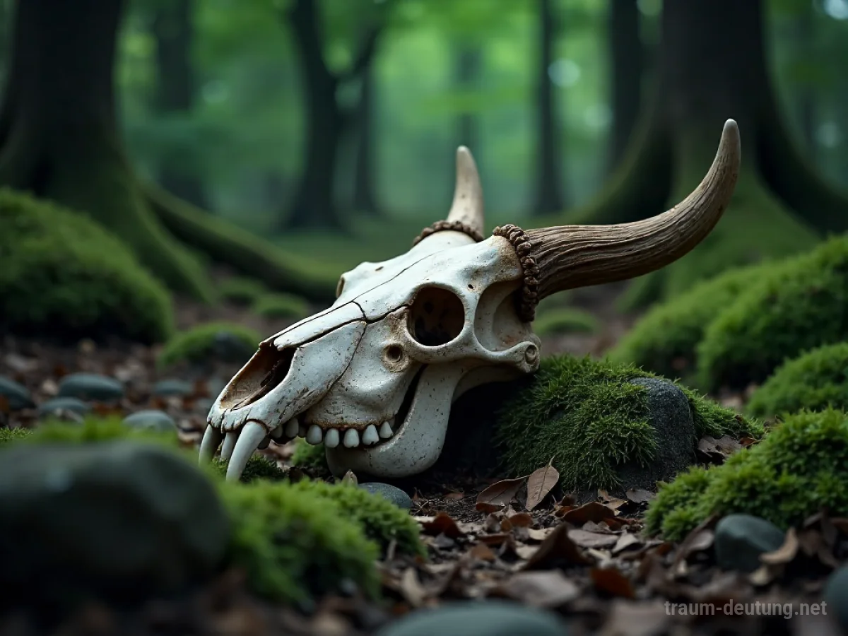 Ein verwitterter Tierschädel liegt auf moosbewachsenen Steinen in einem Wald.