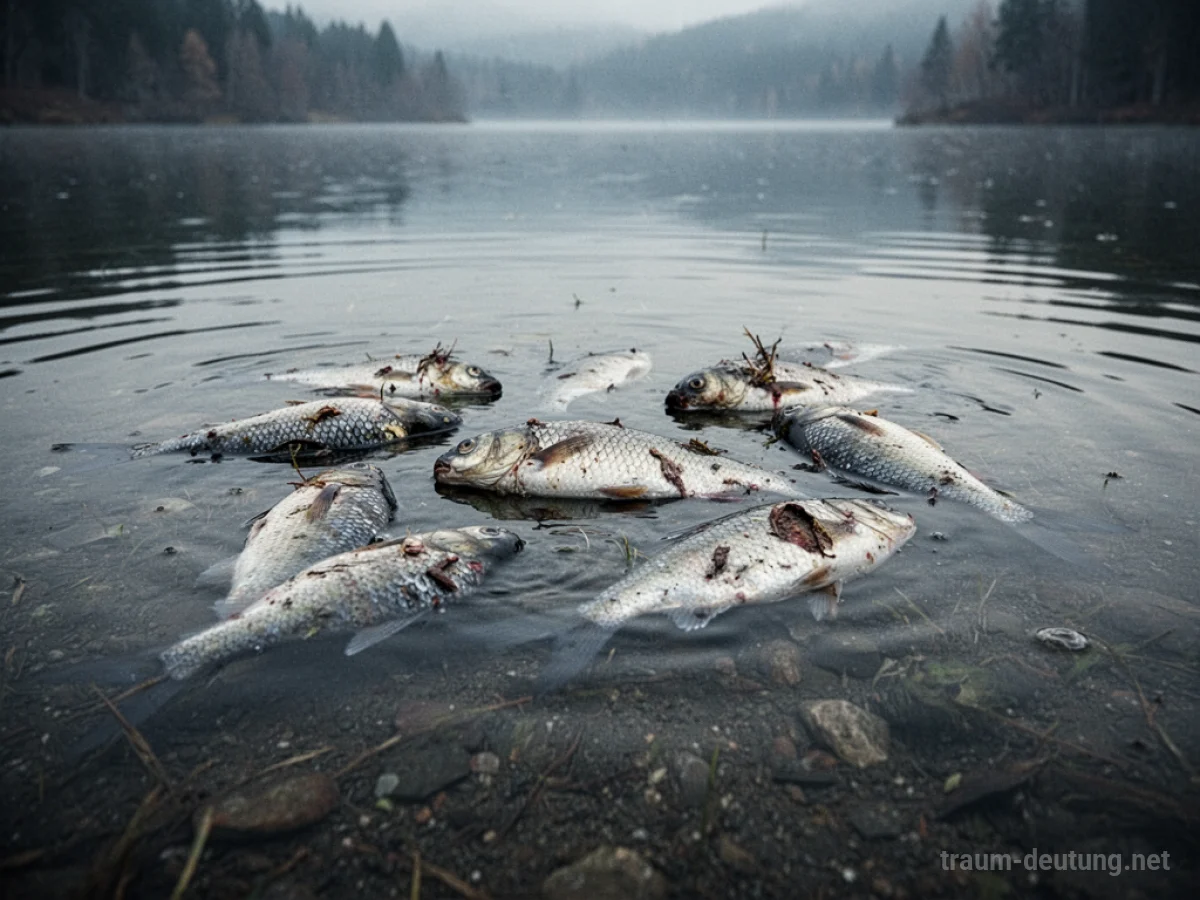 Tote Fische treiben auf der Oberfläche eines Sees.