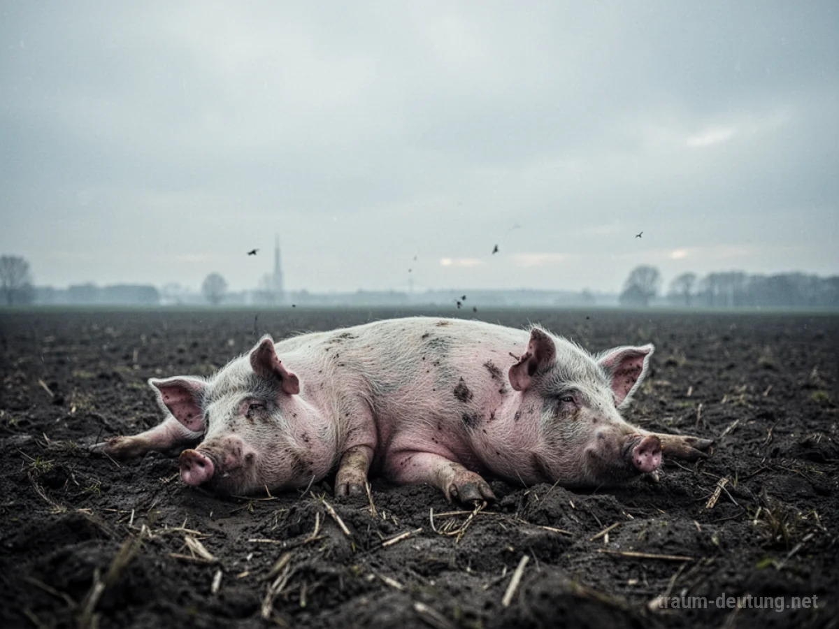 Ein totes Schwein liegt auf einem Feld unter einem grauen Himmel.