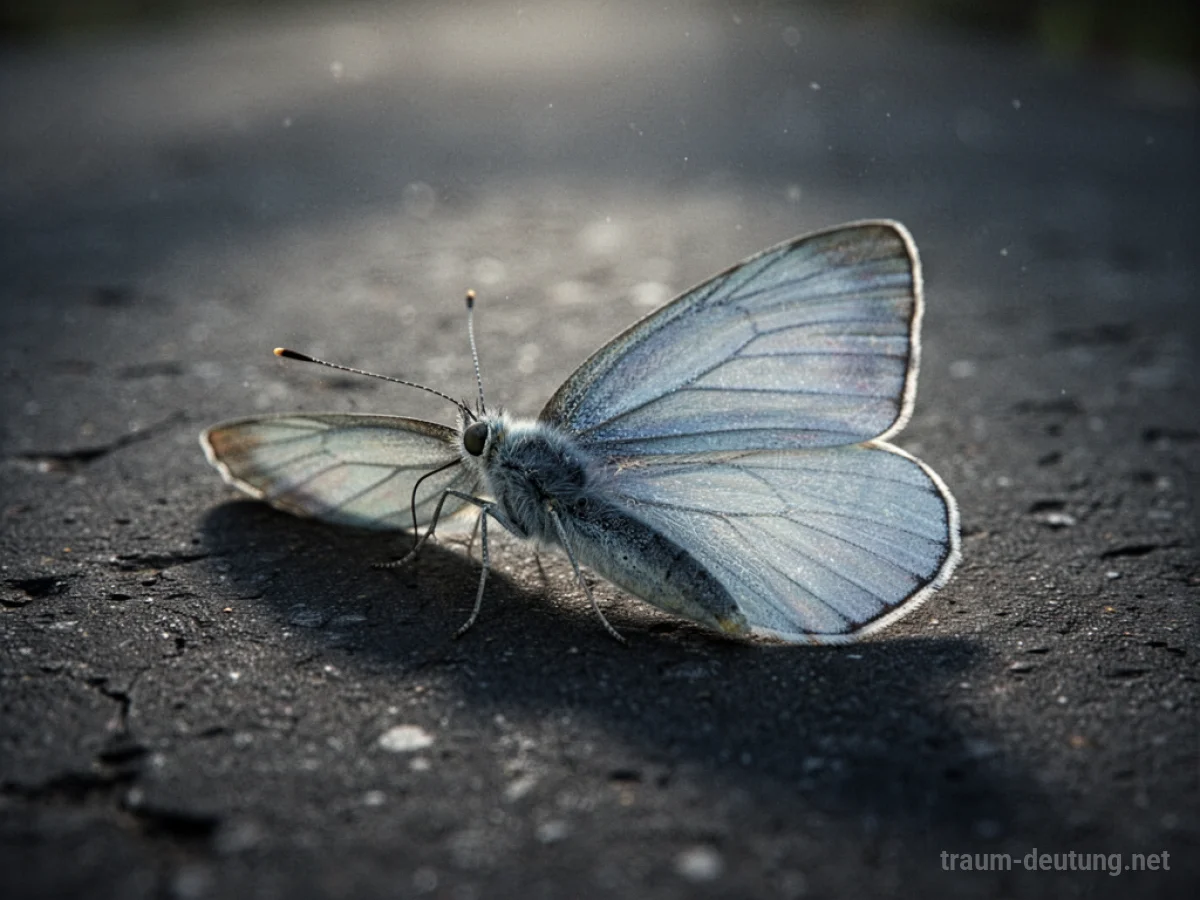 Ein einzelner toter Schmetterling auf dunklem Untergrund.