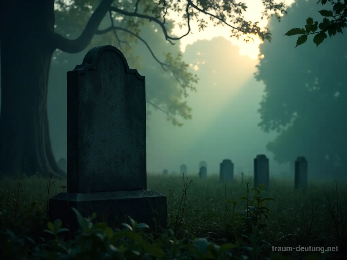 Ein Grabstein auf einem nebligen Friedhof
