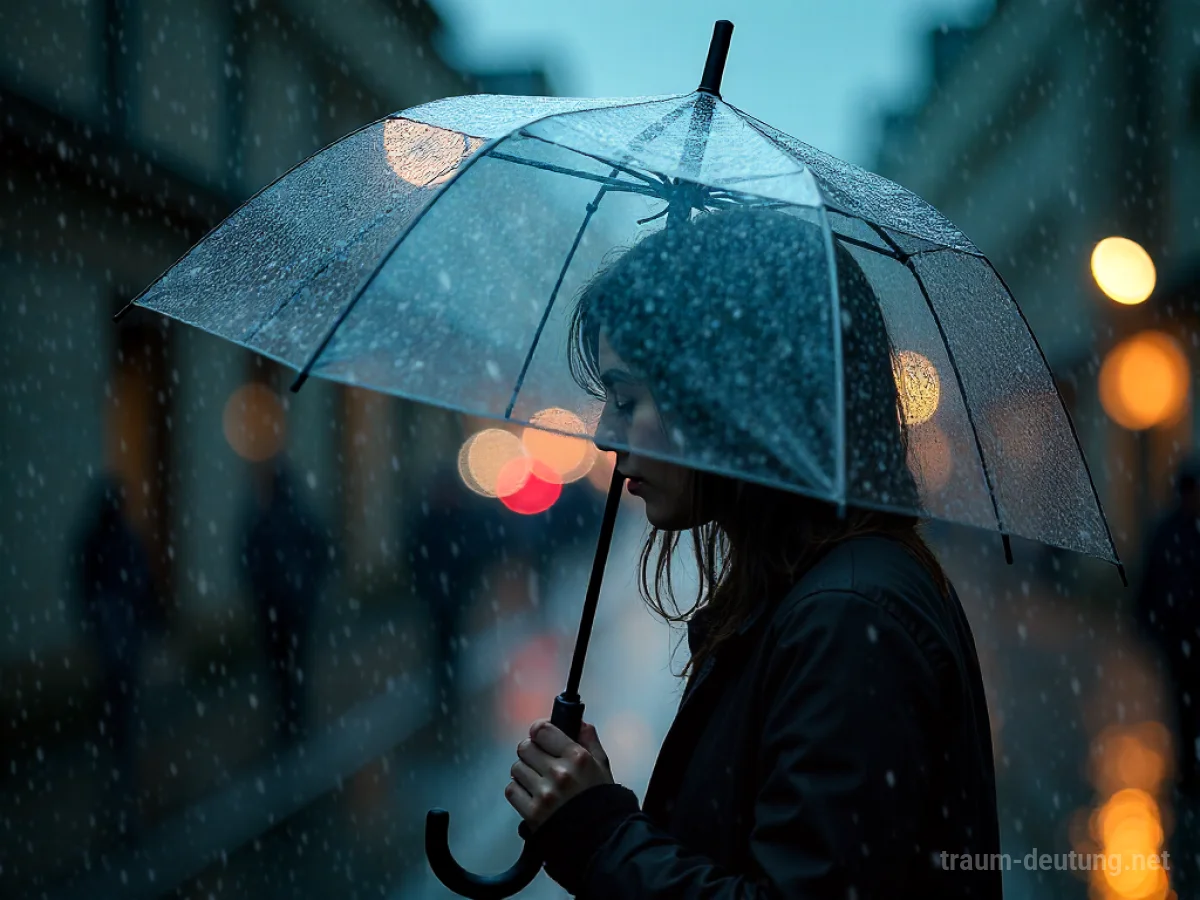 Transparenter Schirm hält Regen ab, Person ist geschützt.