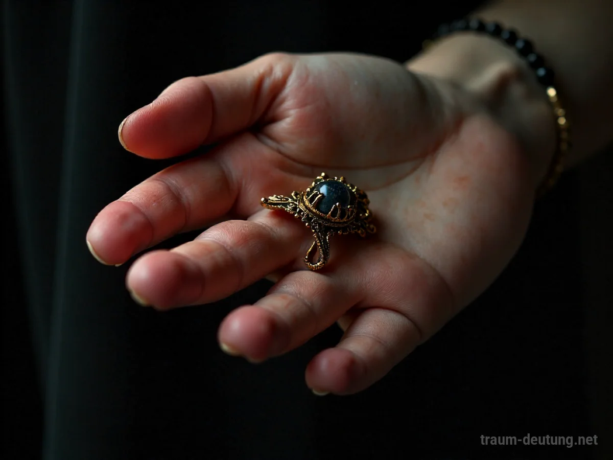 Hand, die alten, verzierten Schmuck trägt.