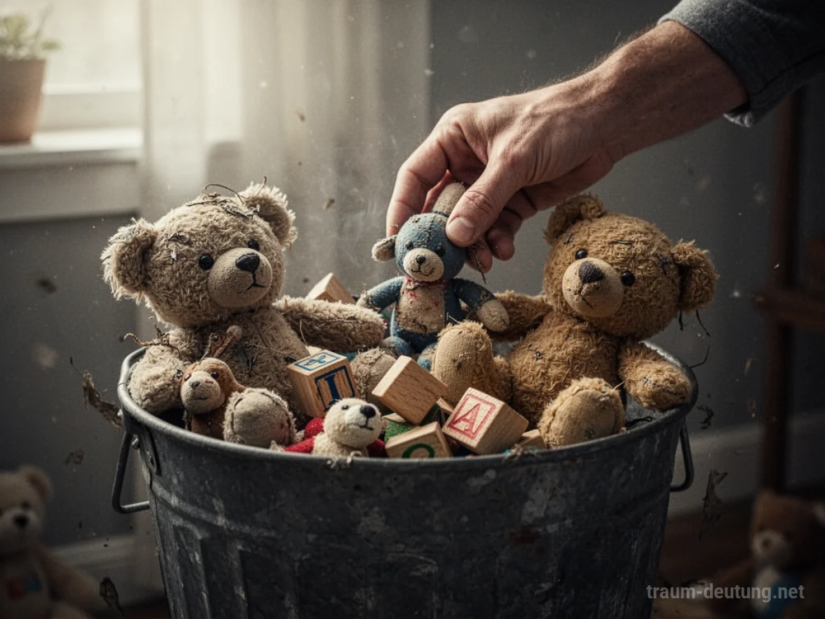 Altes Spielzeug wird in einen Mülleimer gelegt, symbolisiert das Loslassen.