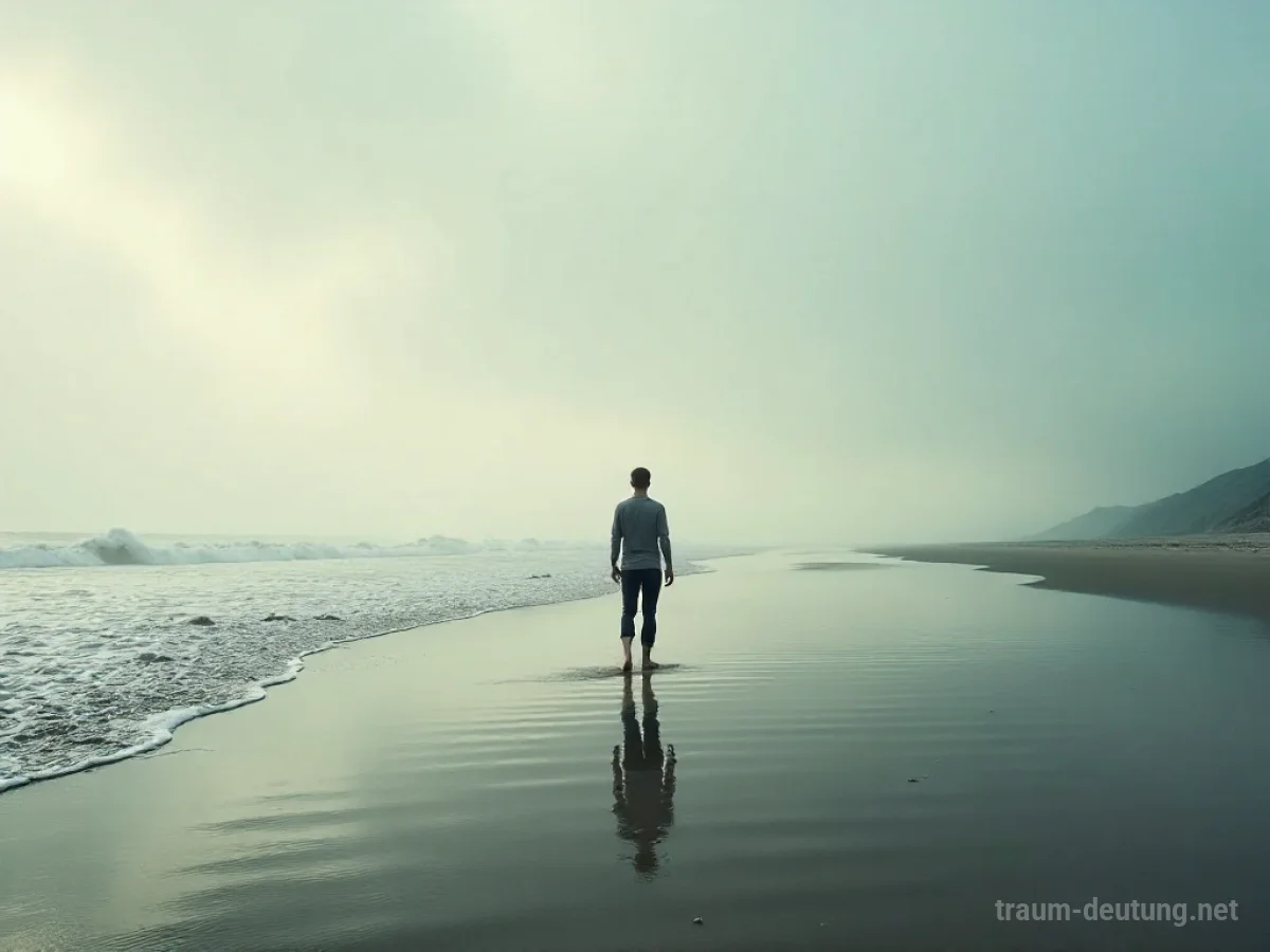 Eine einzelne Person steht an einem leeren Strand und blickt aufs Meer.