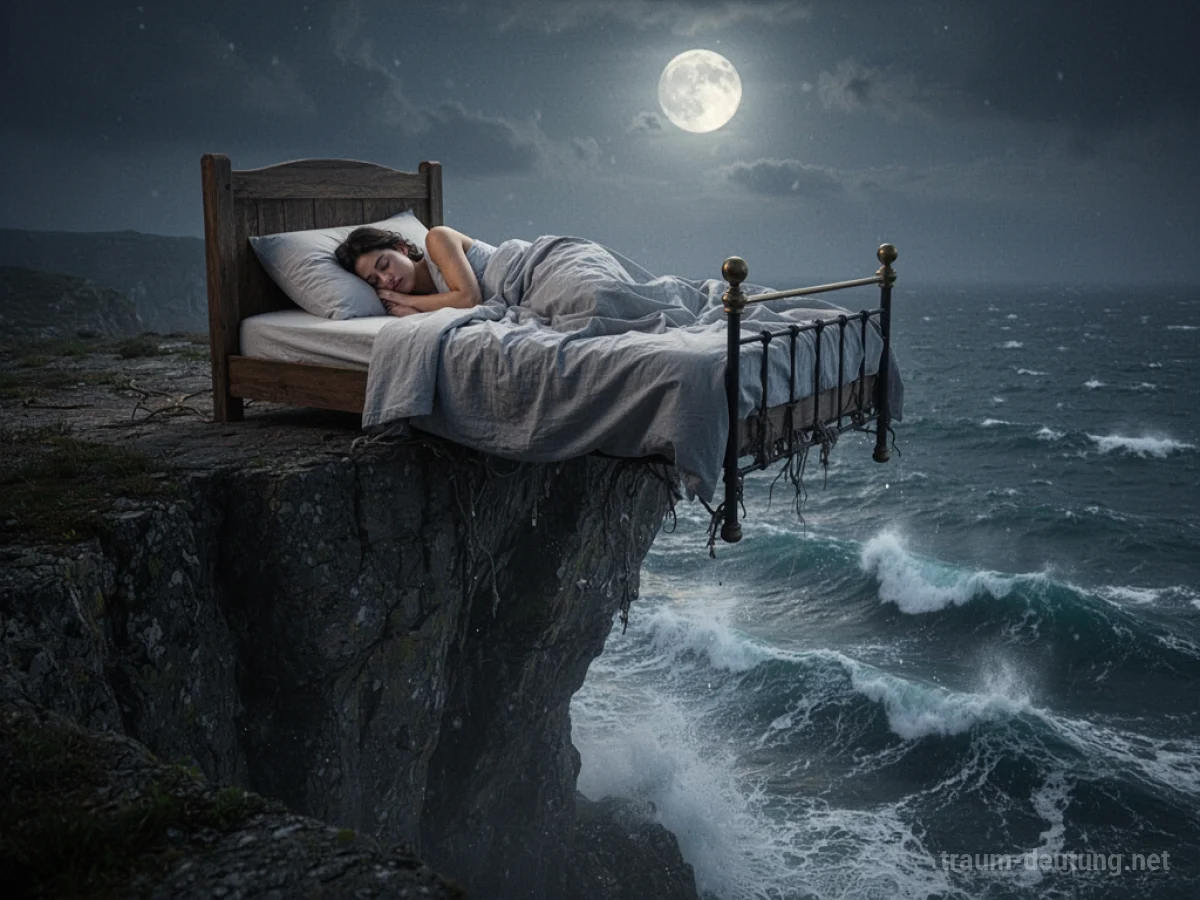 Person schläft auf einem Bett am Rande einer Klippe mit stürmischer See.