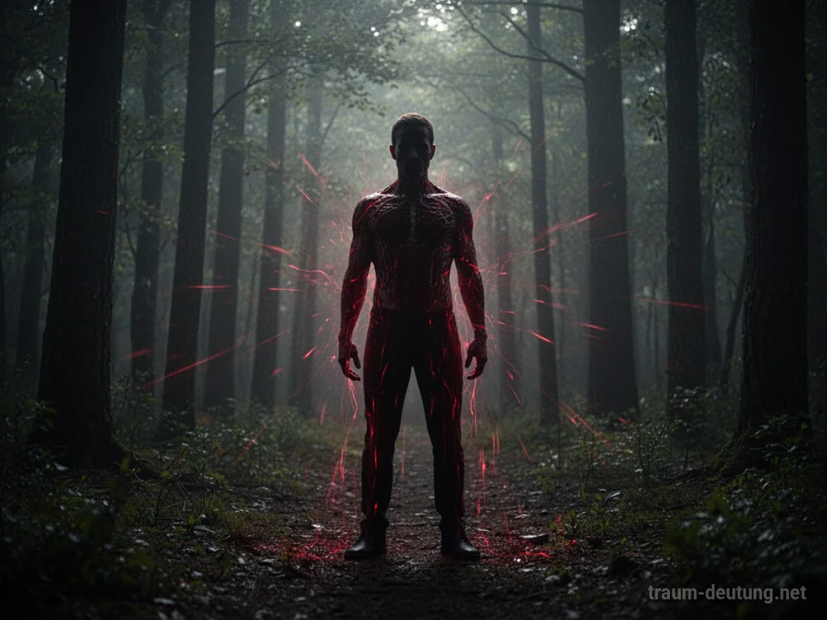 Silhouette einer Person mit angedeuteten roten Spuren im dunklen Wald