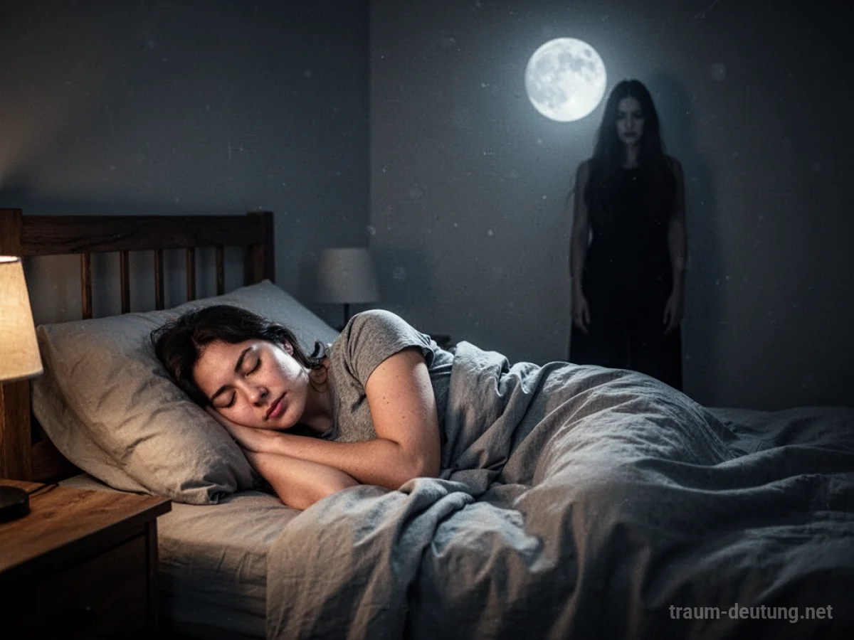 Person schläft im Bett, während eine Schattenfigur im Raum steht