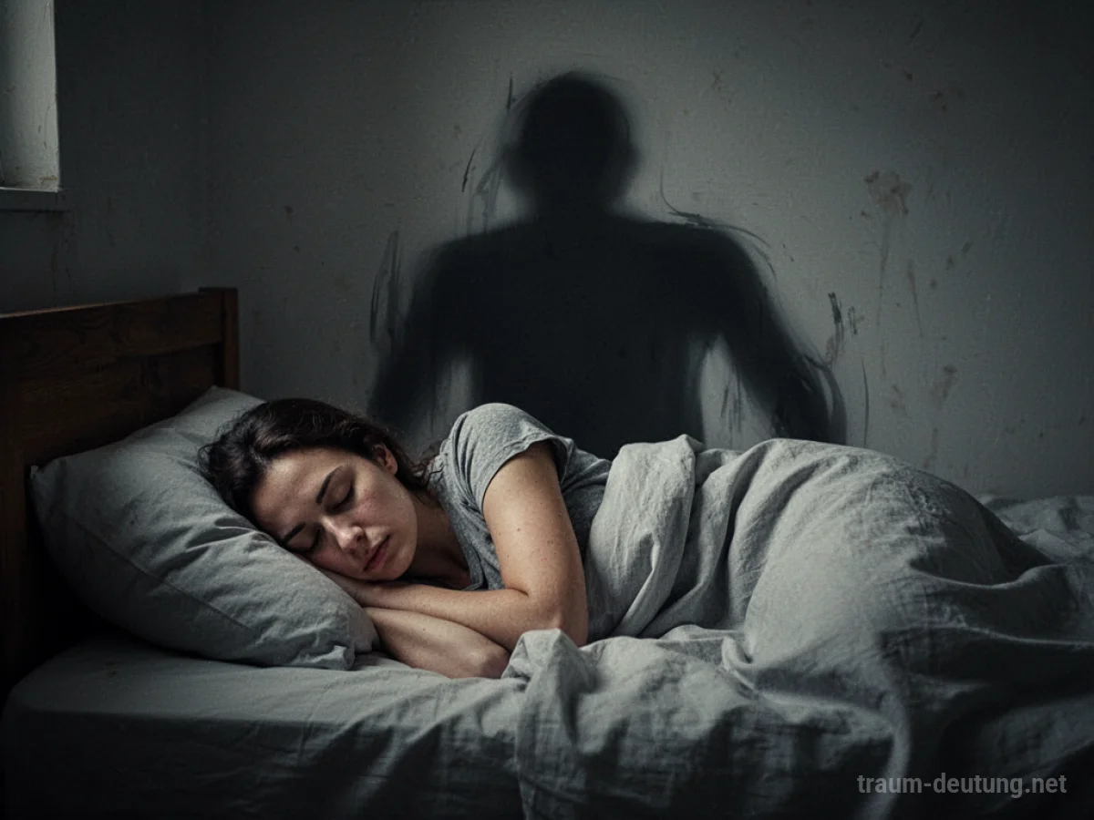 Eine schlafende Person wird von einer dunklen, bedrohlichen Silhouette im Hintergrund überschattet.