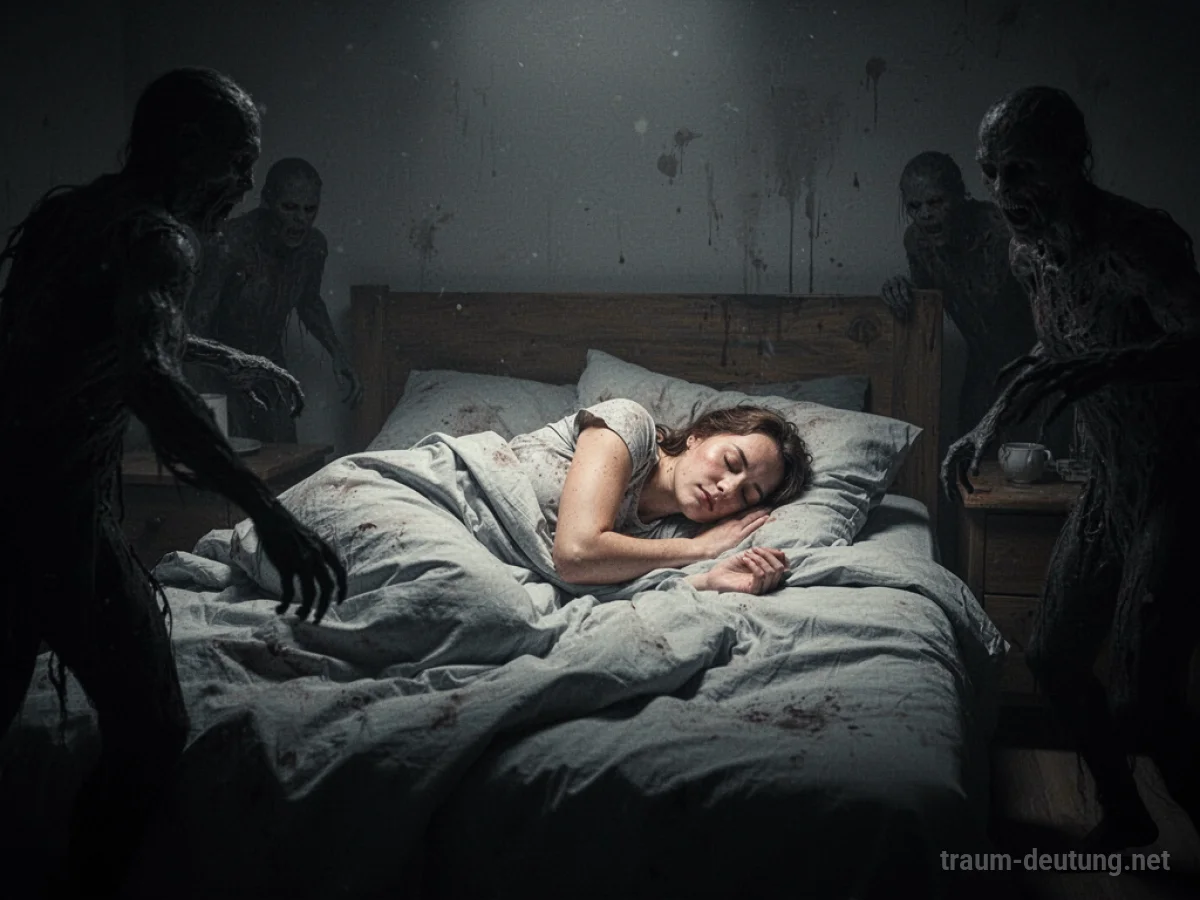 Eine schlafende Person im Bett, während dunkle Silhouetten sich nähern.