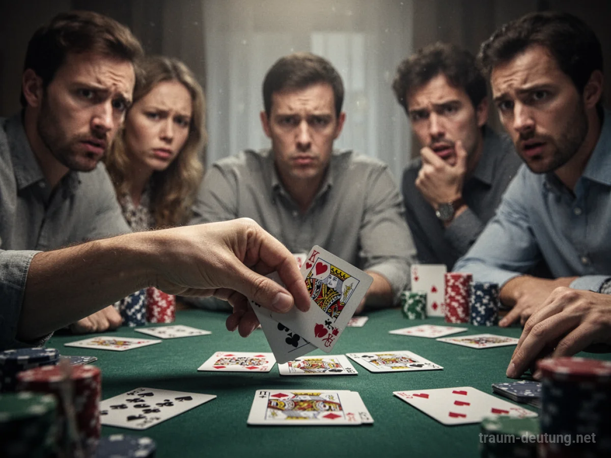 Eine Hand schummelt bei einem Kartenspiel, andere Spieler schauen misstrauisch.