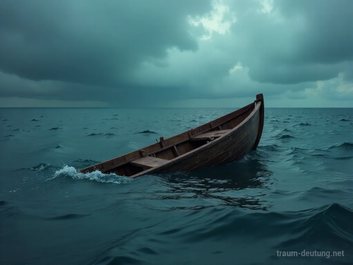Ein kleines Boot versinkt in dunklem, aufgewühltem Wasser unter einem stürmischen Himmel.