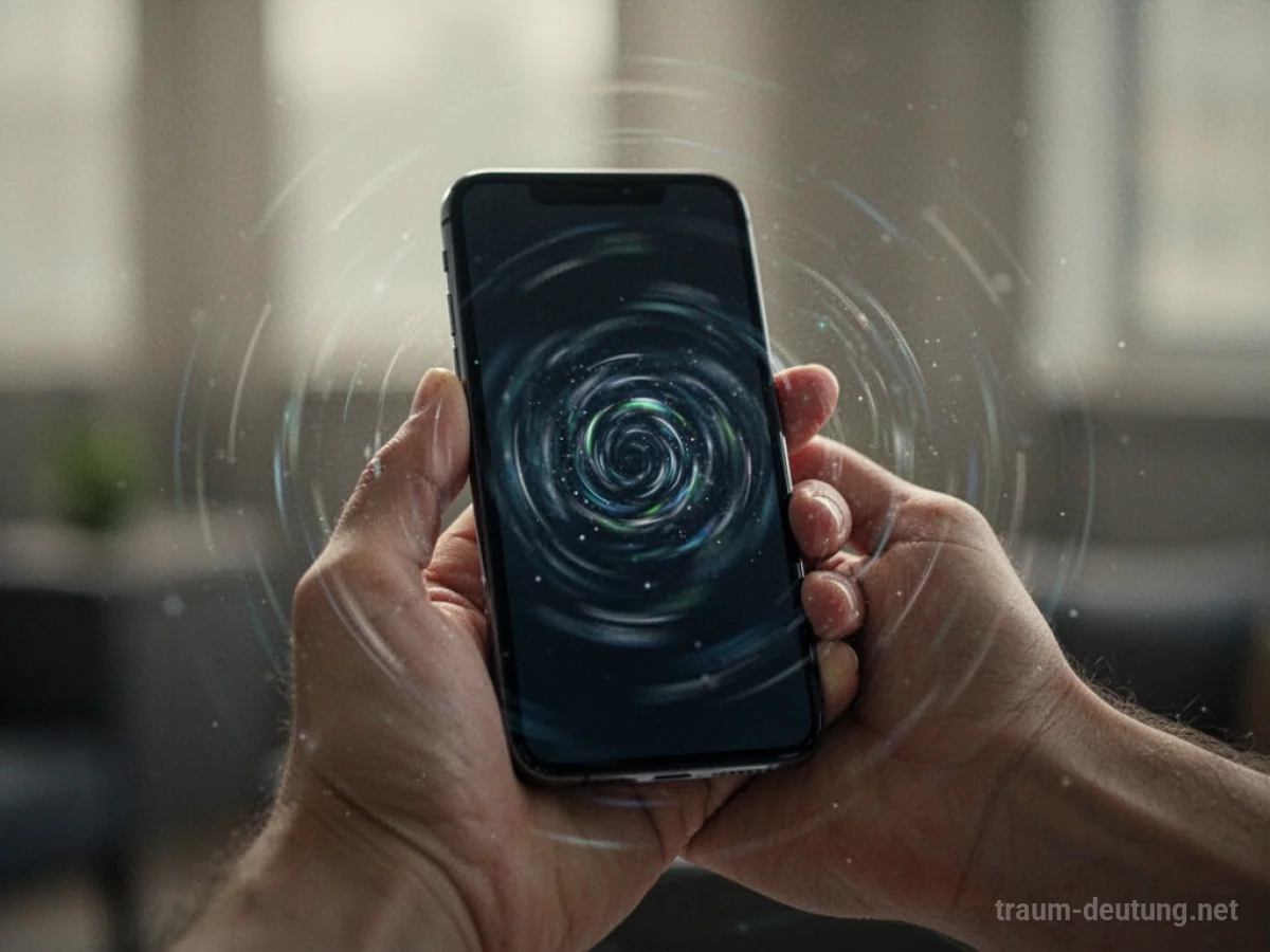 Hand hält ein stark vibrierendes Smartphone in einem unscharfen Umfeld