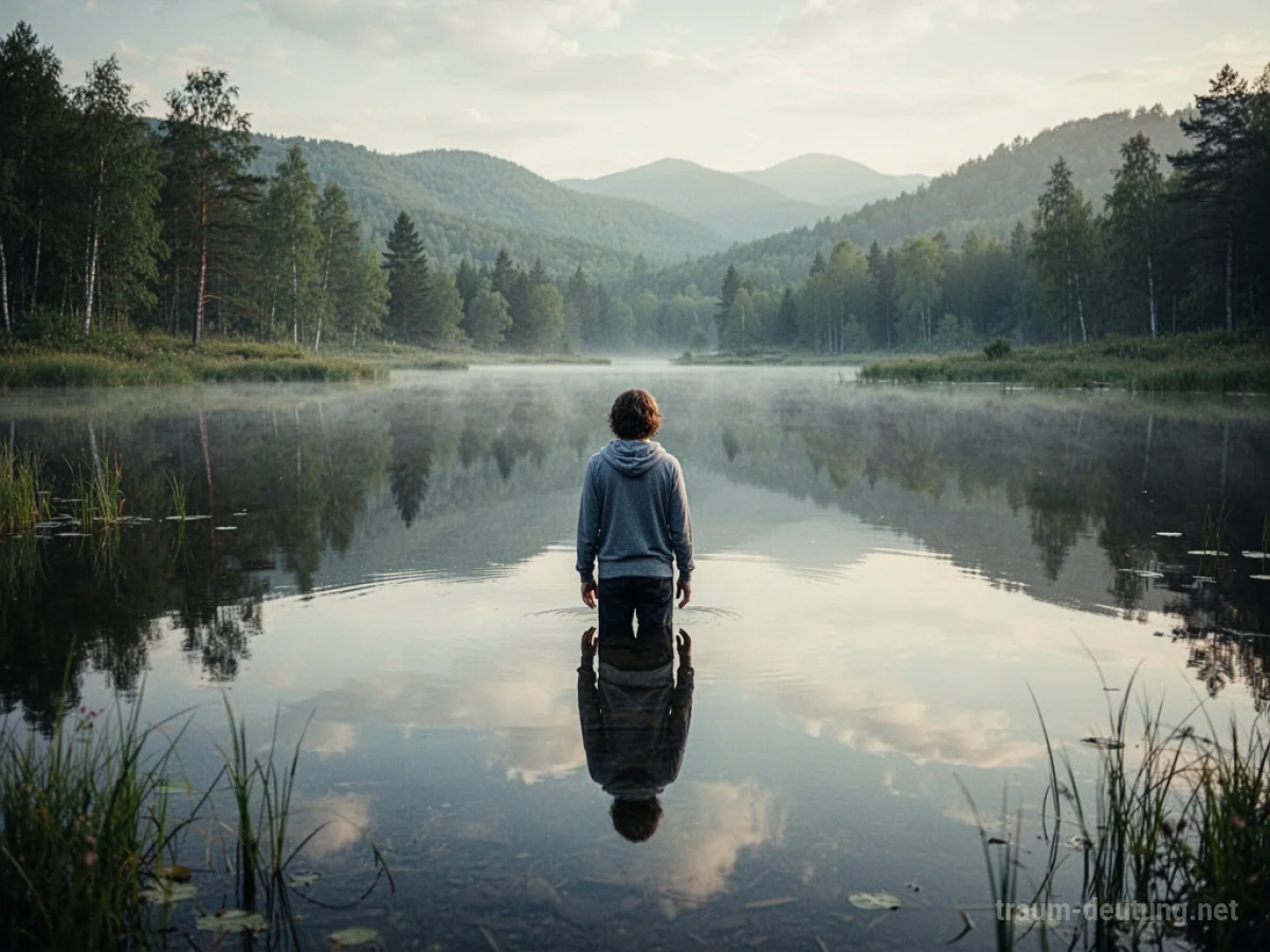 Eine Person blickt in einen stillen See, ihr klares Spiegelbild ist sichtbar.
