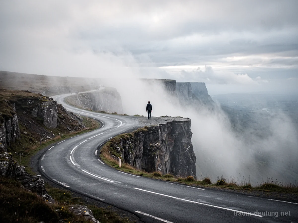 Eine Straße endet abrupt an einer Klippe mit nebelverhangenem Abgrund.