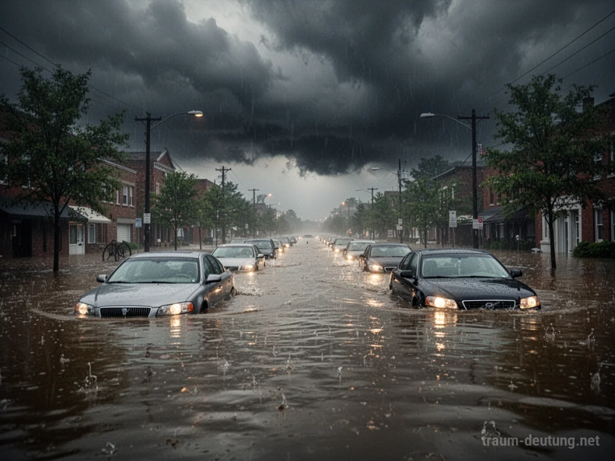 Überflutete Straße mit Autos im Wasser unter dunklen Wolken