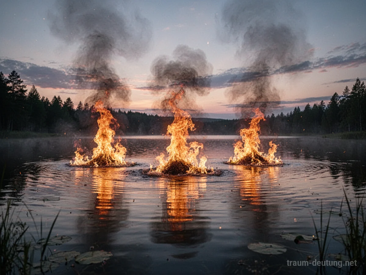 Ein See, aus dessen Wasser Flammen aufsteigen, mit Rauch über dem ruhigen Wasser.