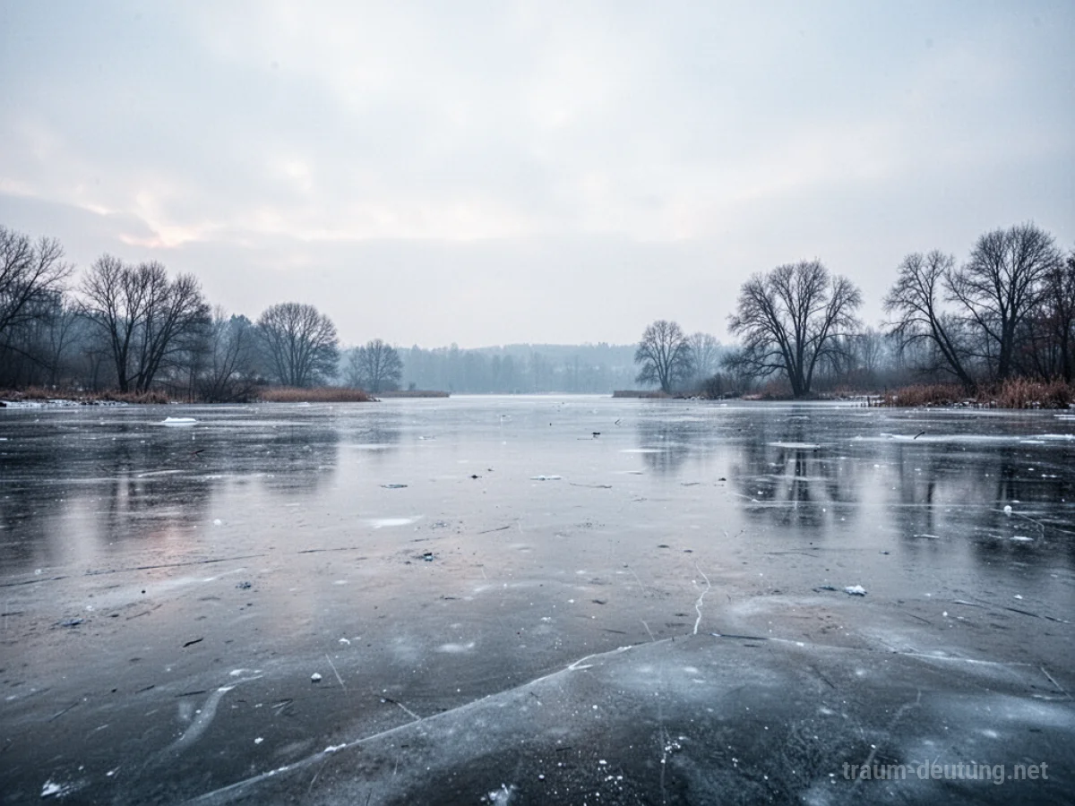 Ein zugefrorener See im Winter unter einem grauen Himmel.