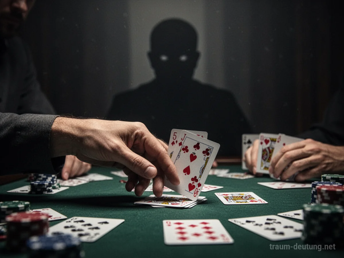 Hand schummelt beim Kartenspiel, Schattenfigur beobachtet
