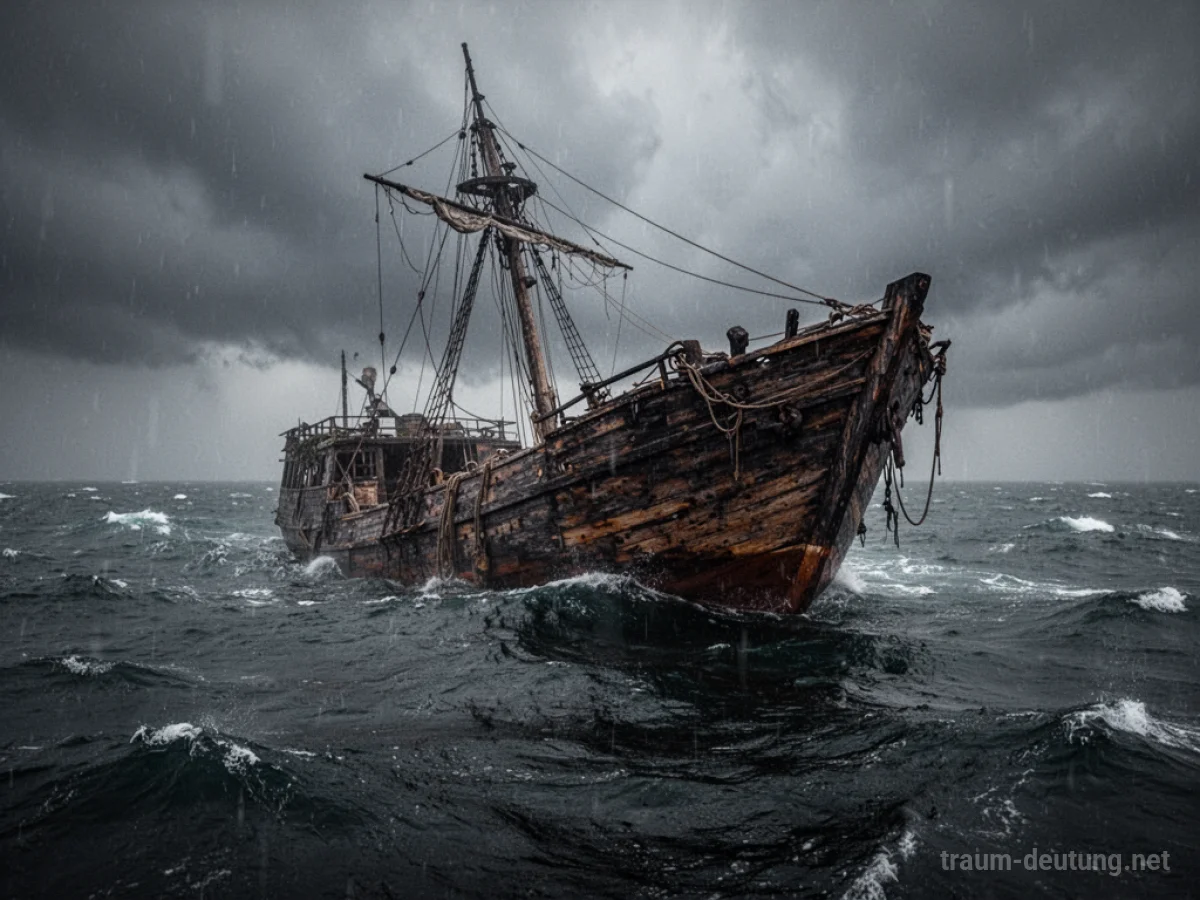 Beschädigtes Schiff im stürmischen Meer