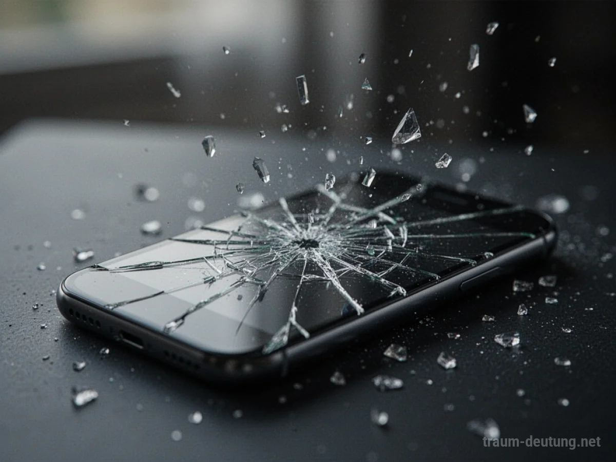 Explodierendes Smartphone mit zerbrechendem Bildschirm und schwebenden Fragmenten