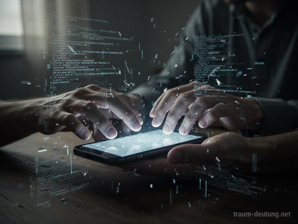 Smartphone-Bildschirm mit digitalen Störungen und zerfallenden Linien, die einen Hackerangriff im Traum darstellen.