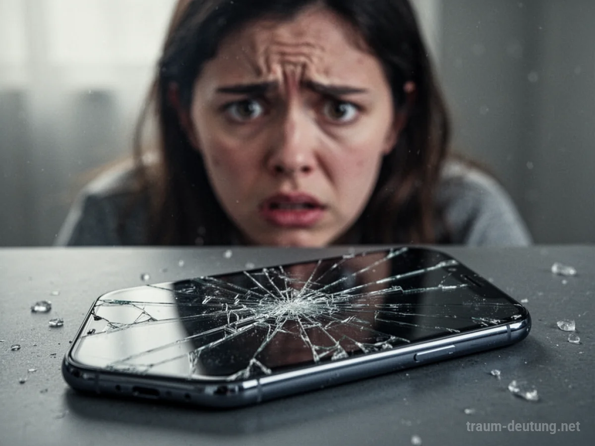 Ein zerbrochenes Smartphone mit einem besorgten Gesichtsausdruck im Hintergrund.