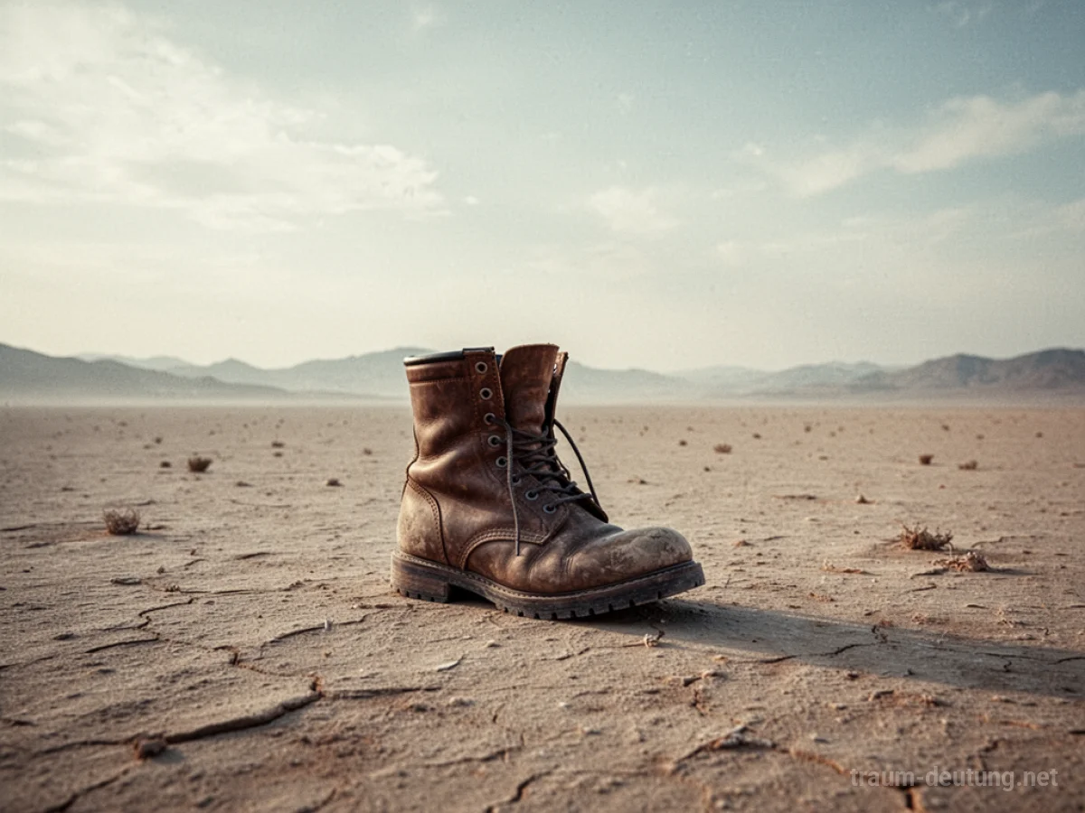 Ein einzelner Stiefel steht verlassen in einer weiten, leeren Landschaft.