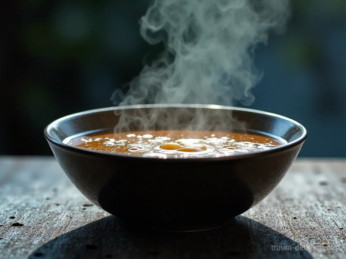 Schüssel mit dampfender Suppe, die langsam abkühlt und eisige Ränder bildet.