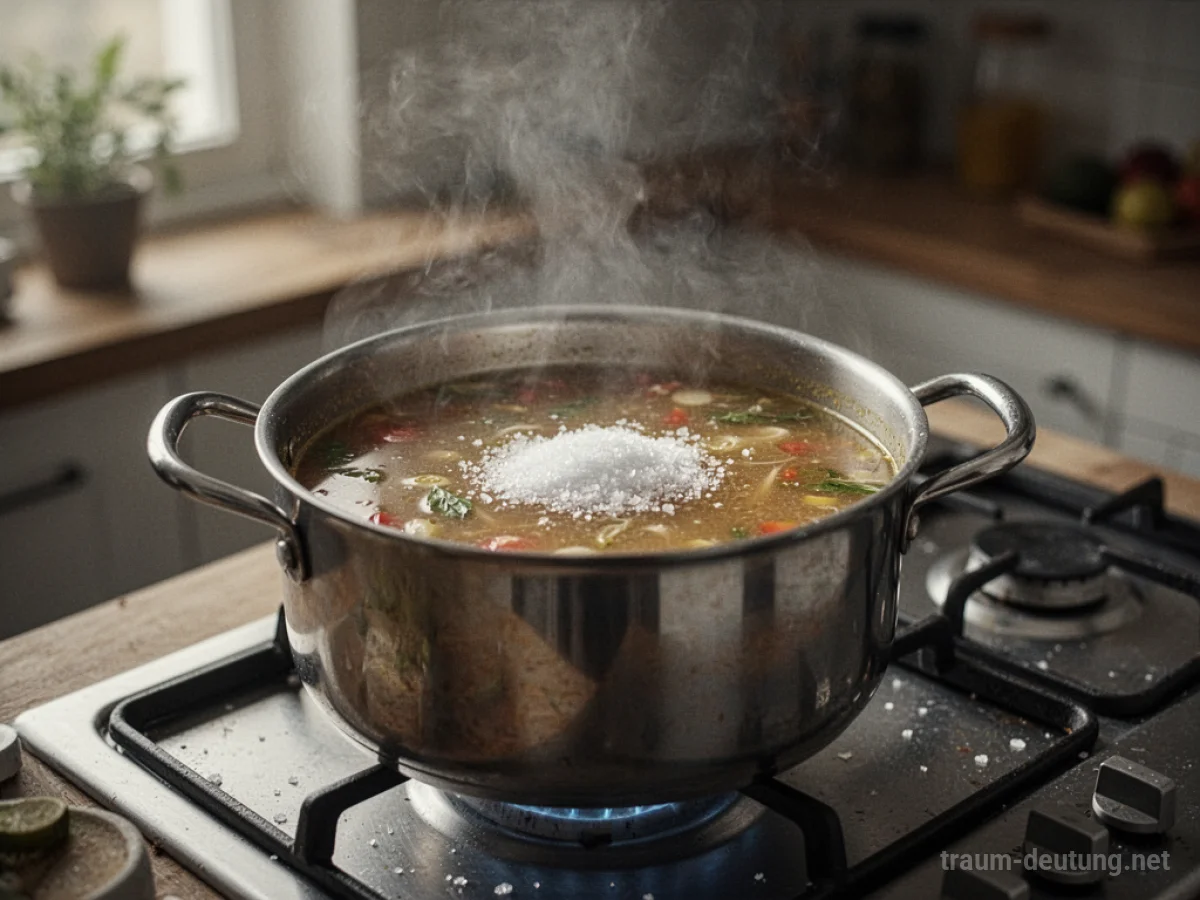 Topf mit übersalzener Suppe auf einem Herd, Dampf steigt auf.
