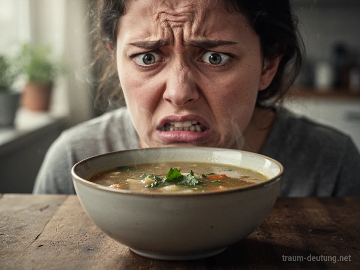 Eine Schüssel mit ungenießbarer Suppe, daneben eine Person mit angewidertem Gesichtsausdruck.