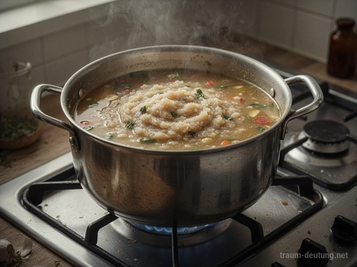 Topf mit Suppe, die sich in dicken Brei verwandelt