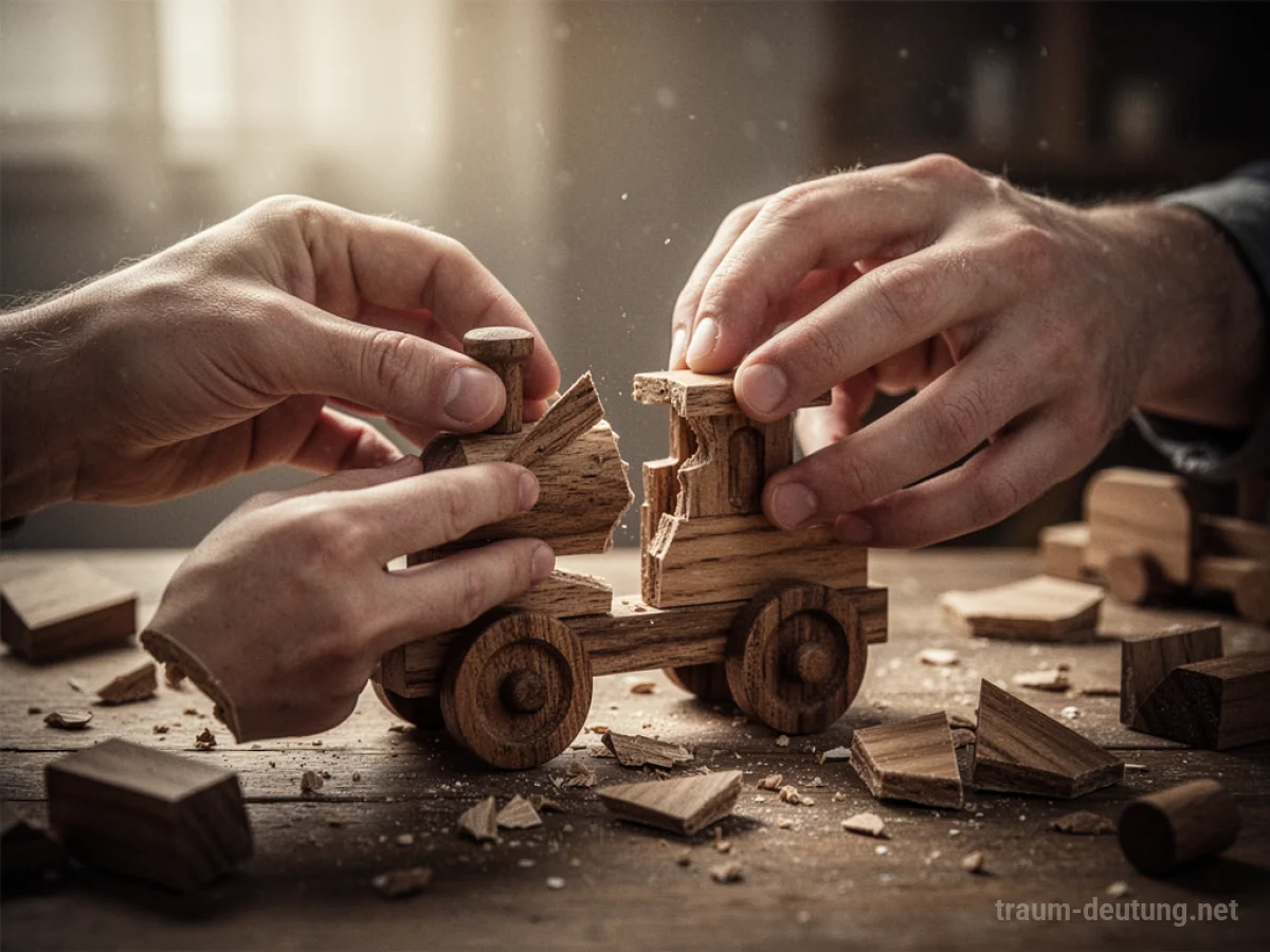 Hände reparieren ein kaputtes Holzspielzeug
