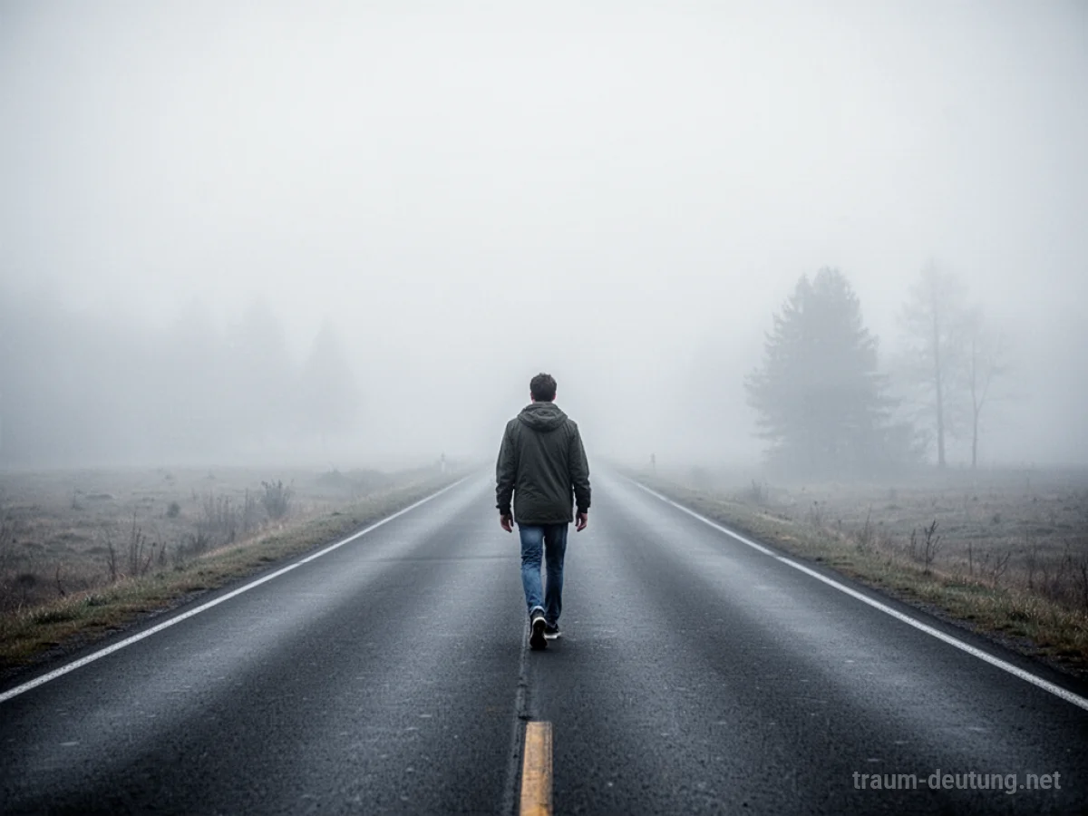 Eine Person auf einer endlosen Straße in Nebel, ohne Ausweg.