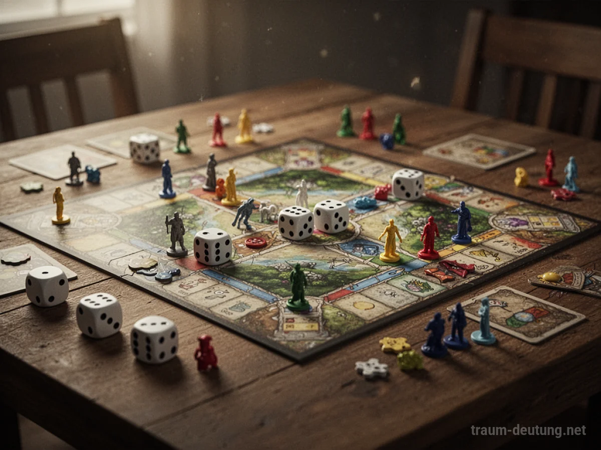 Brettspiel mit Figuren und Würfeln auf einem Tisch