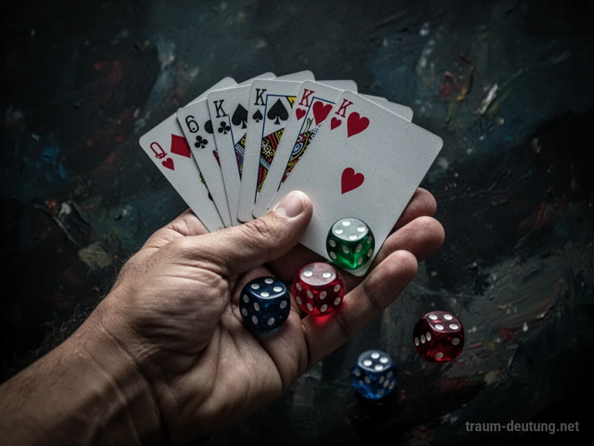 Hand mit Spielkarten und Würfeln auf dunklem Hintergrund
