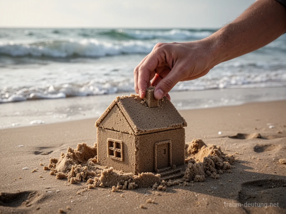Ein Haus aus Sand wird am Strand gebaut, die Wellen nahen.