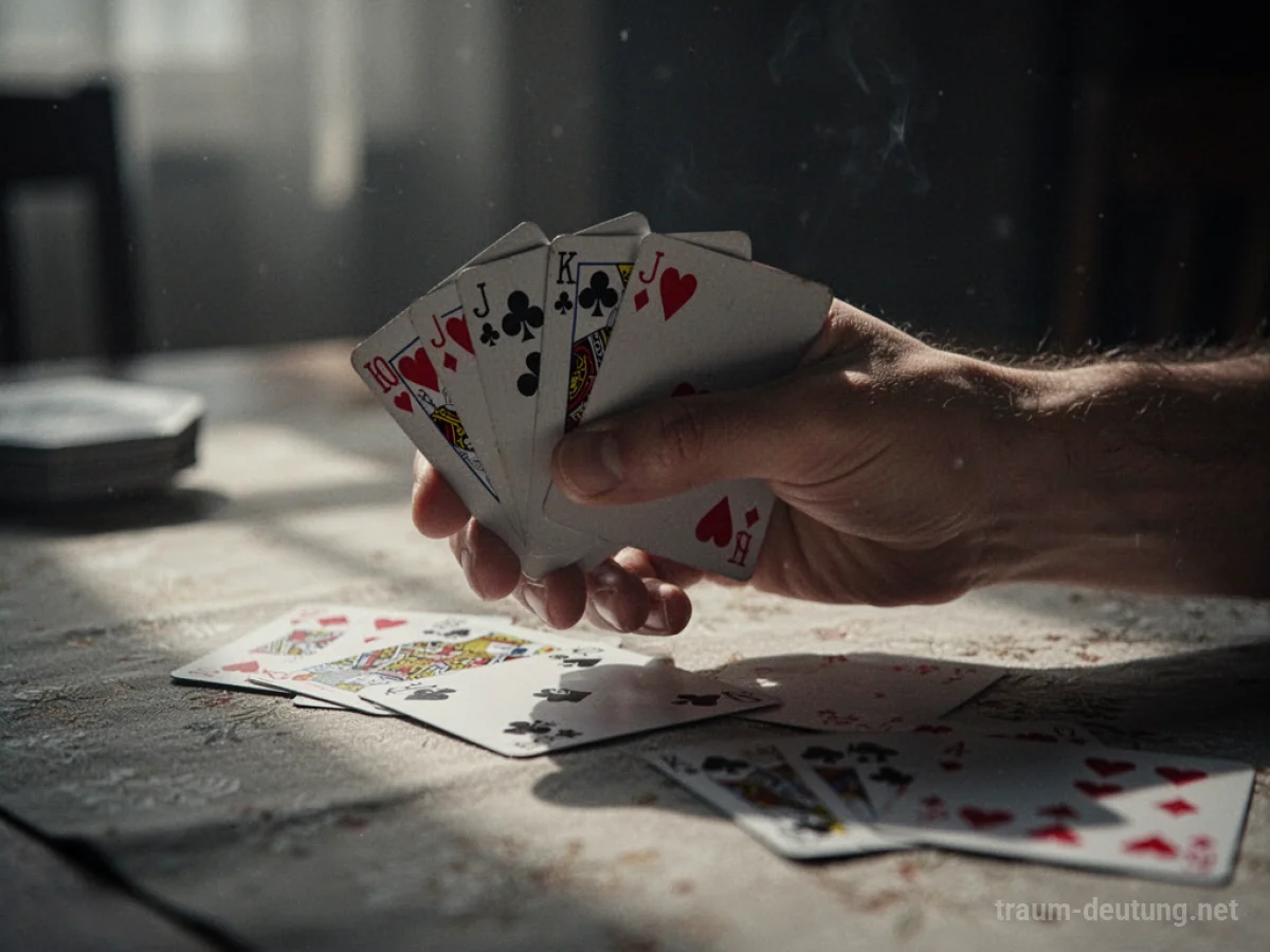 Eine Hand hält Spielkarten auf einem Tisch, im Hintergrund Schatten.