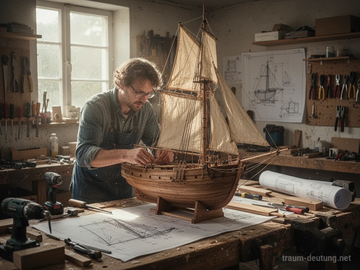 Person baut ein Segelschiff in einer Werkstatt