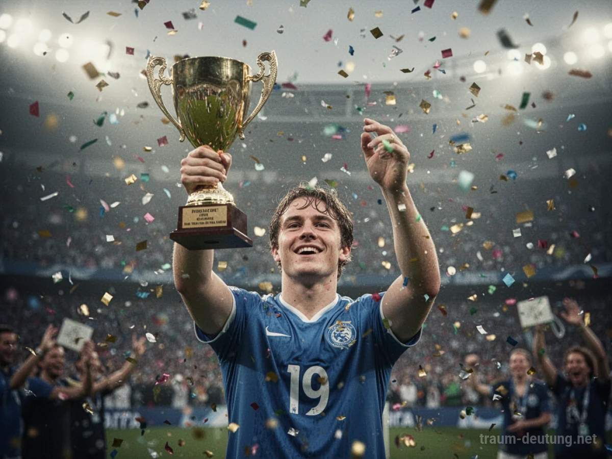 Jemand hält eine Trophäe mit Konfetti, der Jubel nach einem gewonnenen Spiel.