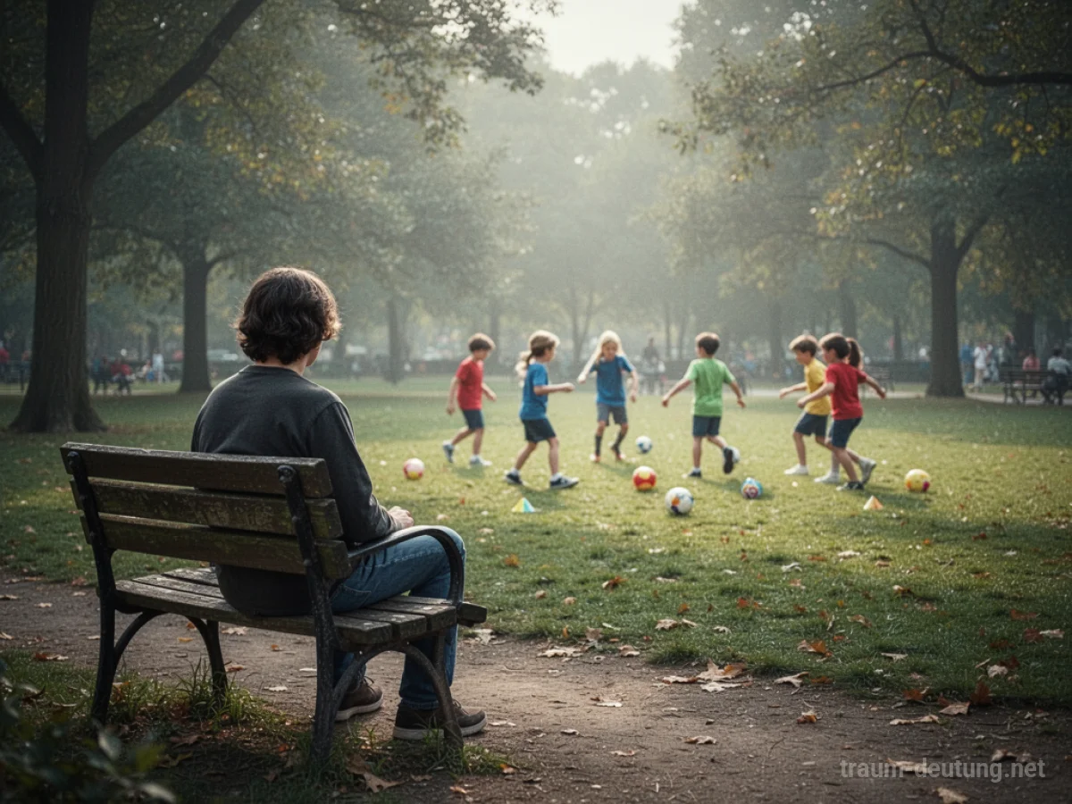 Person beobachtet spielende Kinder im Park aus der Ferne.