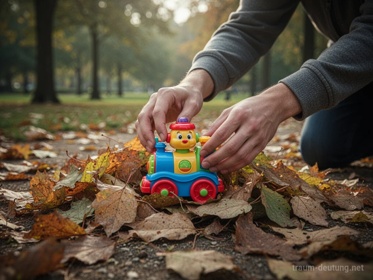 Hände finden ein buntes Spielzeug im Laub eines Parks.