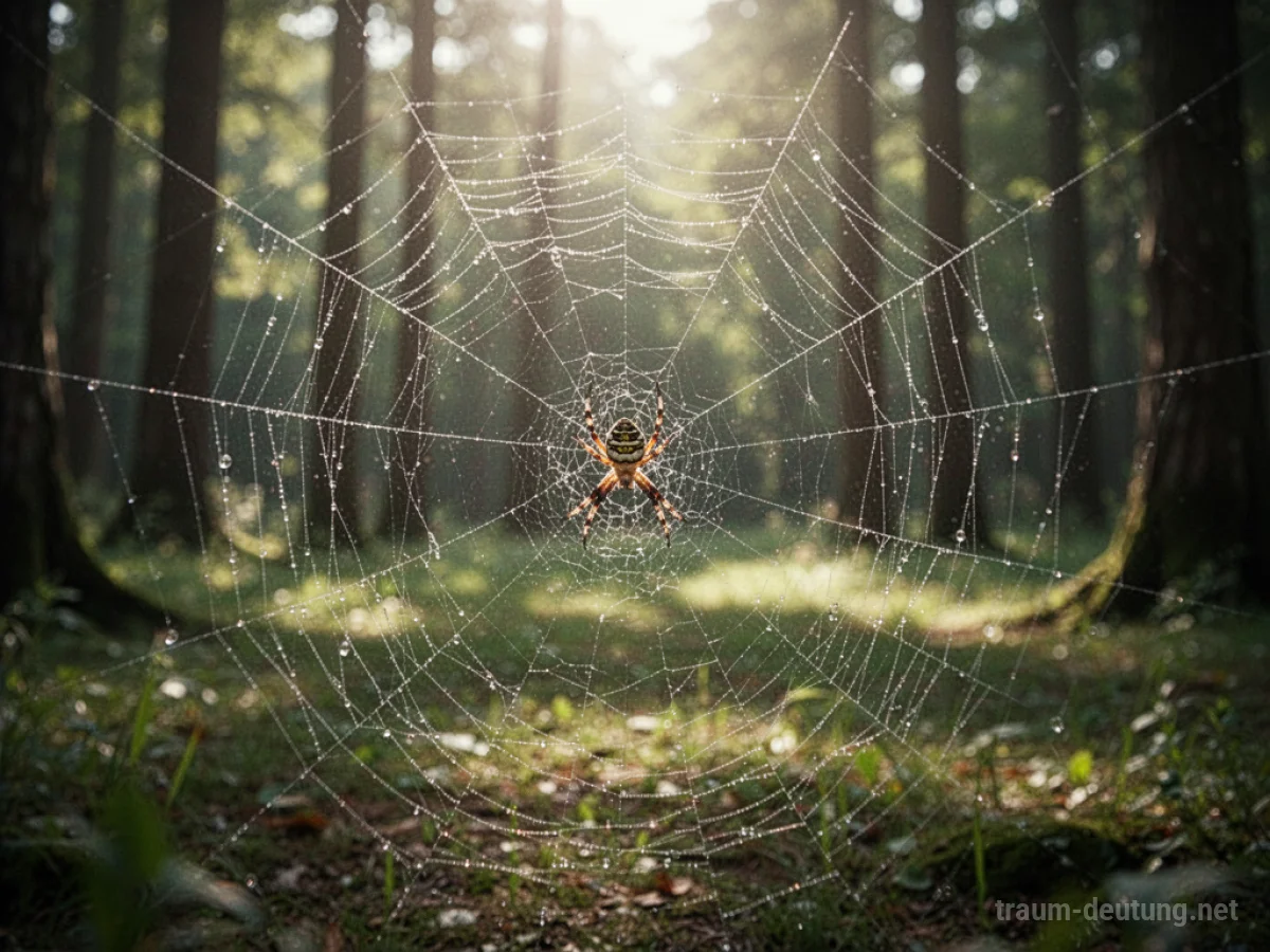 Spinne baut ein komplexes Spinnennetz im Sonnenlicht
