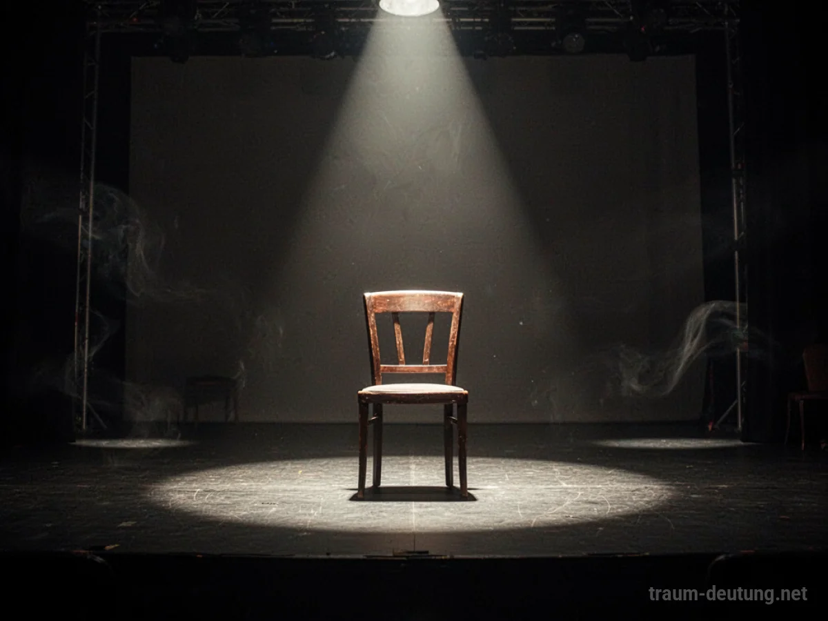 Leere Bühne mit Scheinwerferlicht und einem Stuhl, symbolisch für ein Theaterstück im Traum.