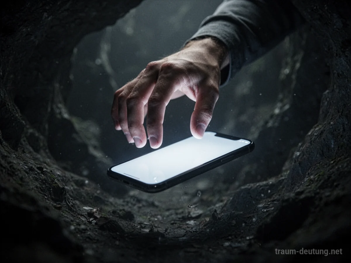 Hand greift nach einem leuchtenden Smartphone im Dunkeln.