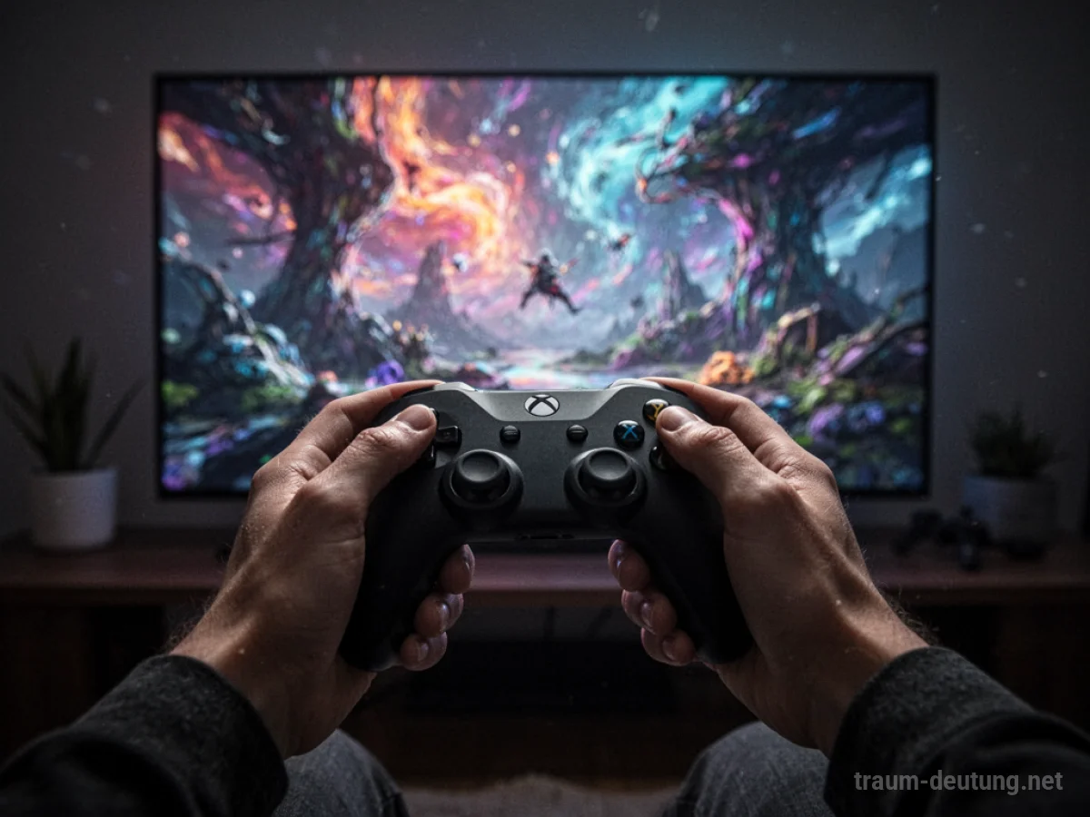 Hände halten einen Gamecontroller, mit digitaler Welt im Hintergrund.
